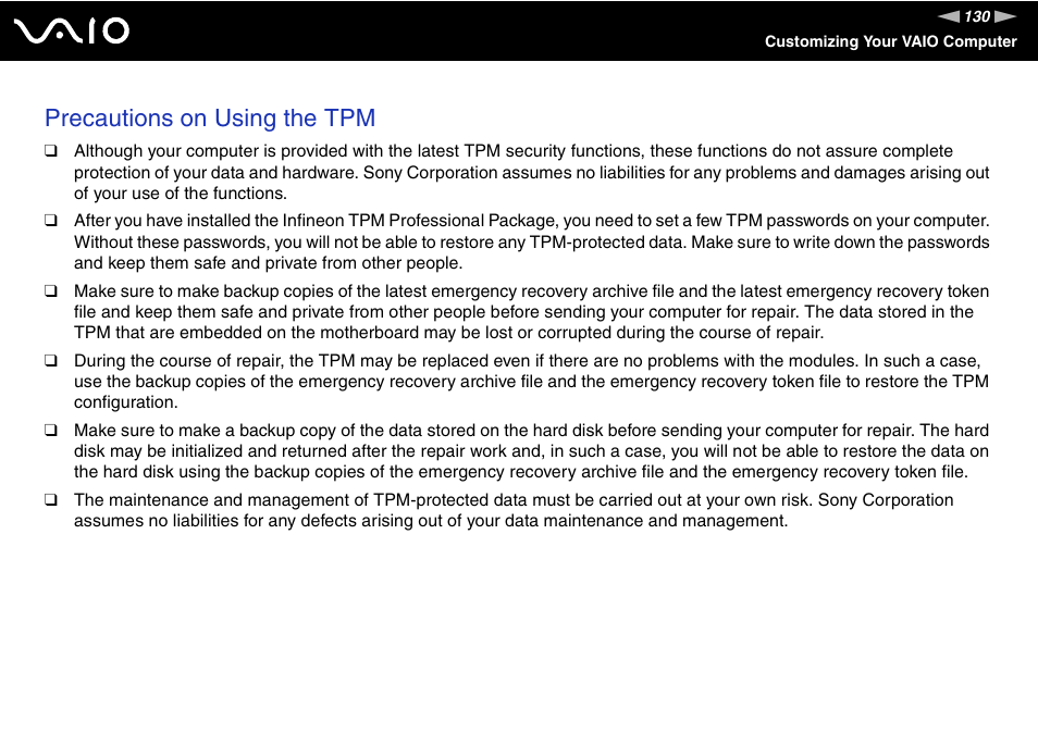 Precautions on using the tpm | Sony VGN-SZ200 User Manual | Page 130 / 224