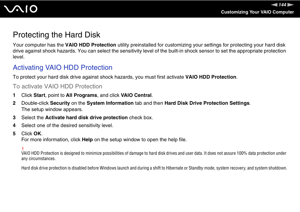 Protecting the hard disk, Activating vaio hdd protection | Sony VGN-SZ200 User Manual | Page 144 / 224