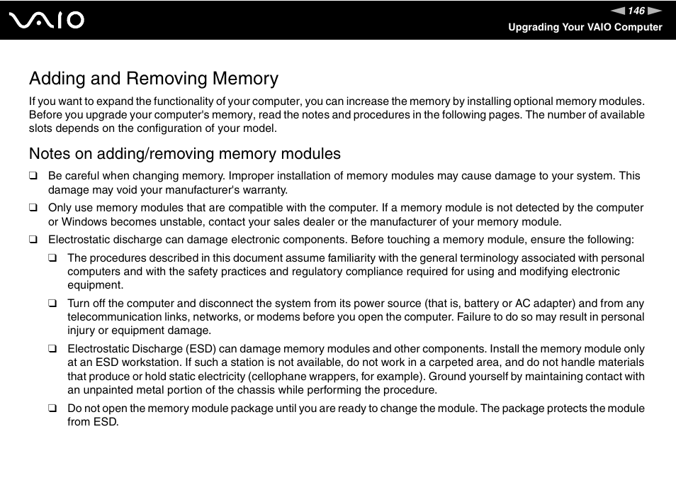 Adding and removing memory | Sony VGN-SZ200 User Manual | Page 146 / 224