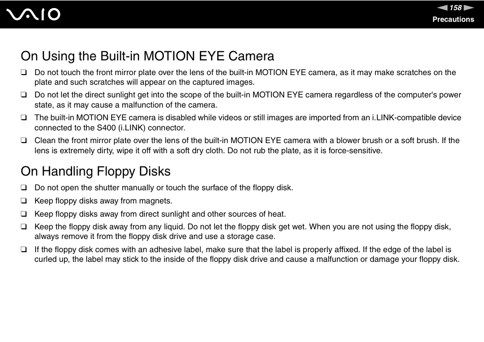 On using the built-in motion eye camera, On handling floppy disks | Sony VGN-SZ200 User Manual | Page 158 / 224
