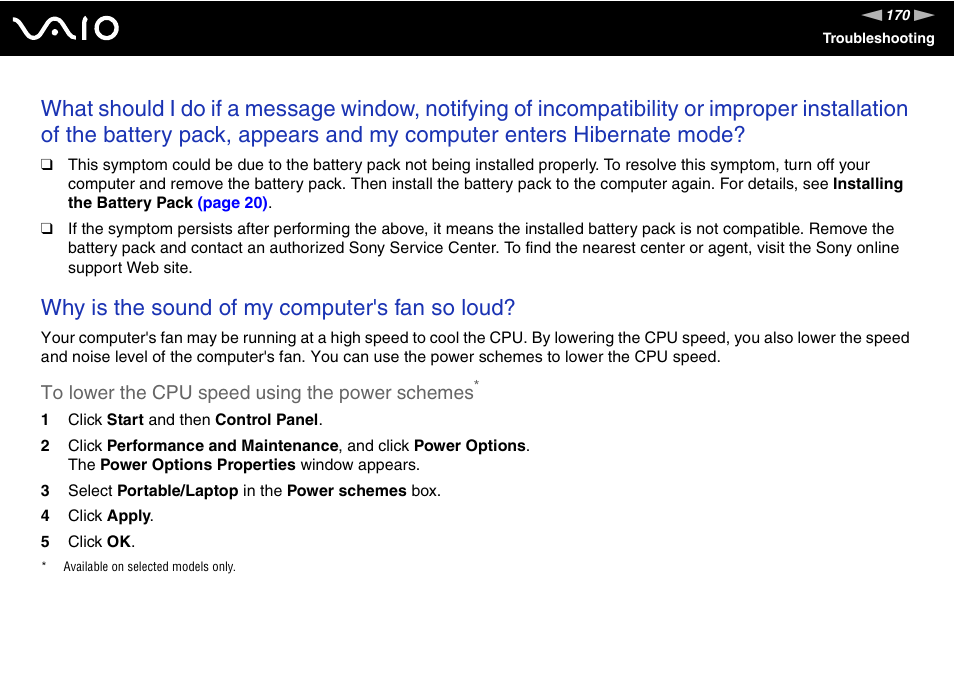 Why is the sound of my computer's fan so loud | Sony VGN-SZ200 User Manual | Page 170 / 224