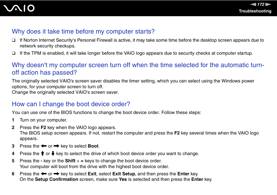 Why does it take time before my computer starts, How can i change the boot device order | Sony VGN-SZ200 User Manual | Page 172 / 224