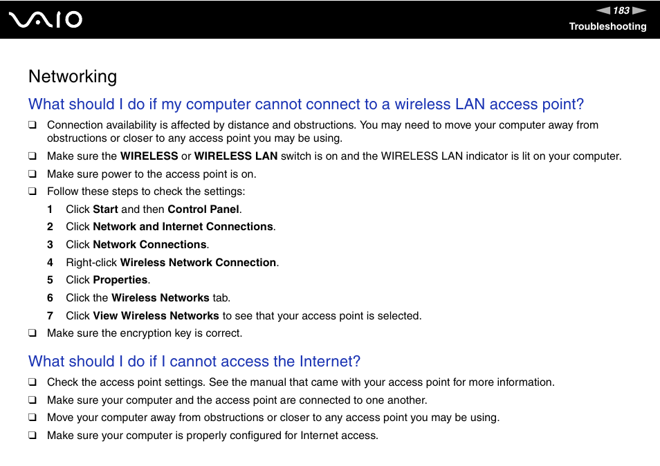 Networking, What should i do if i cannot access the internet | Sony VGN-SZ200 User Manual | Page 183 / 224