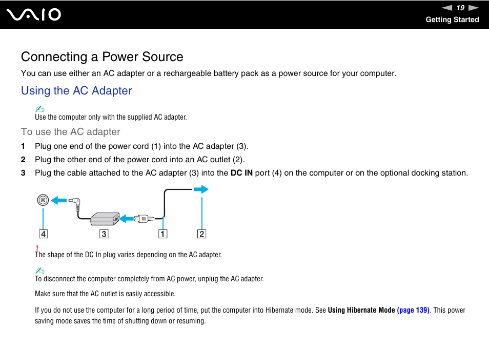 Connecting a power source, Using the ac adapter | Sony VGN-SZ200 User Manual | Page 19 / 224