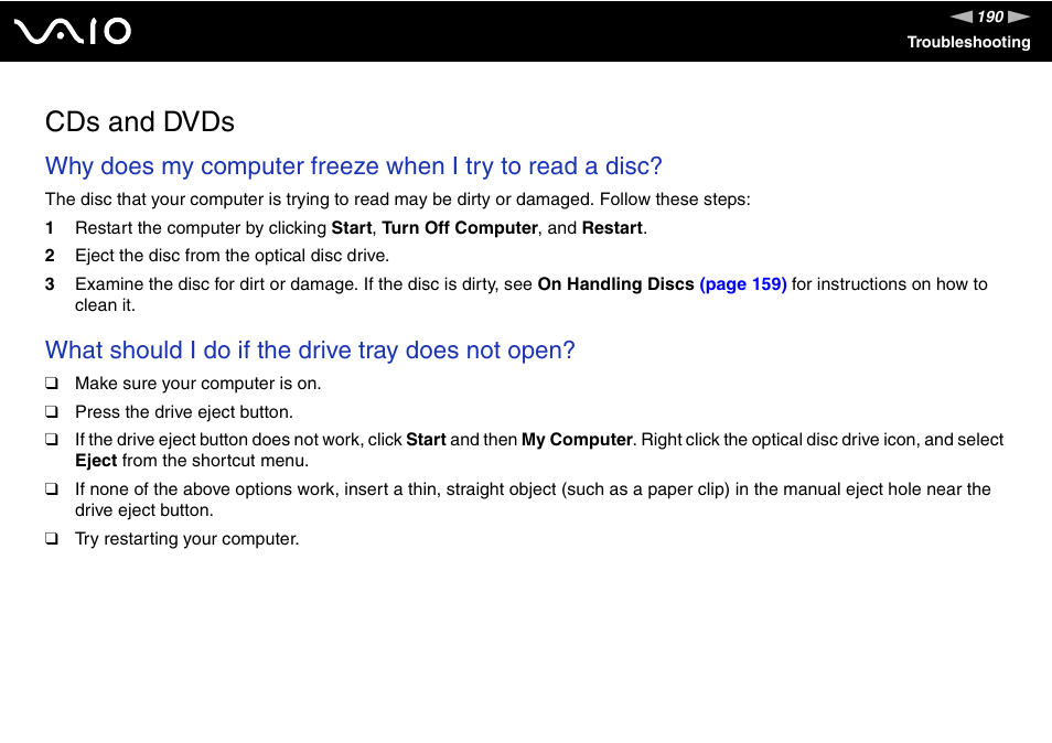 Cds and dvds, What should i do if the drive tray does not open | Sony VGN-SZ200 User Manual | Page 190 / 224