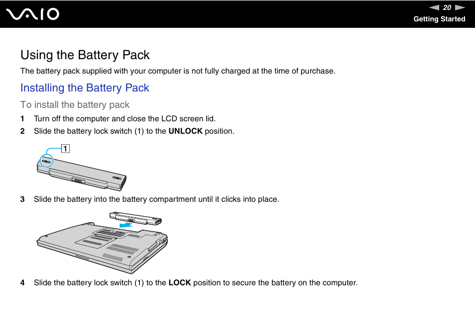 Using the battery pack, Installing the battery pack | Sony VGN-SZ200 User Manual | Page 20 / 224