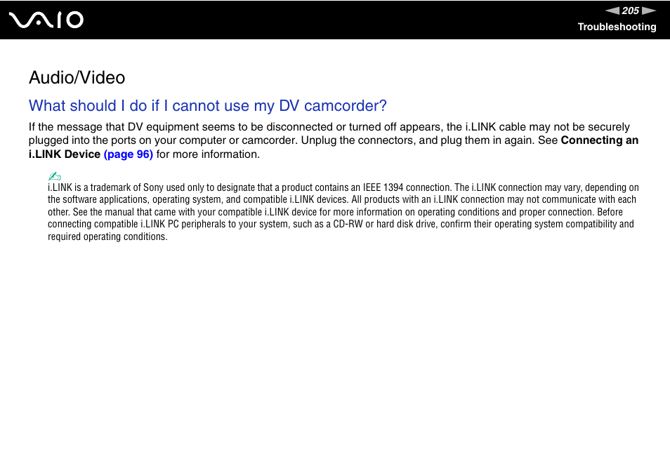 Audio/video, What should i do if i cannot use my dv camcorder | Sony VGN-SZ200 User Manual | Page 205 / 224