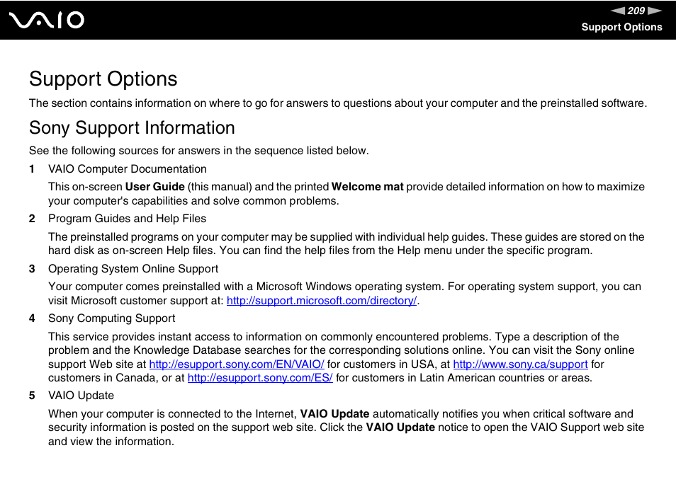 Support options, Sony support information | Sony VGN-SZ200 User Manual | Page 209 / 224