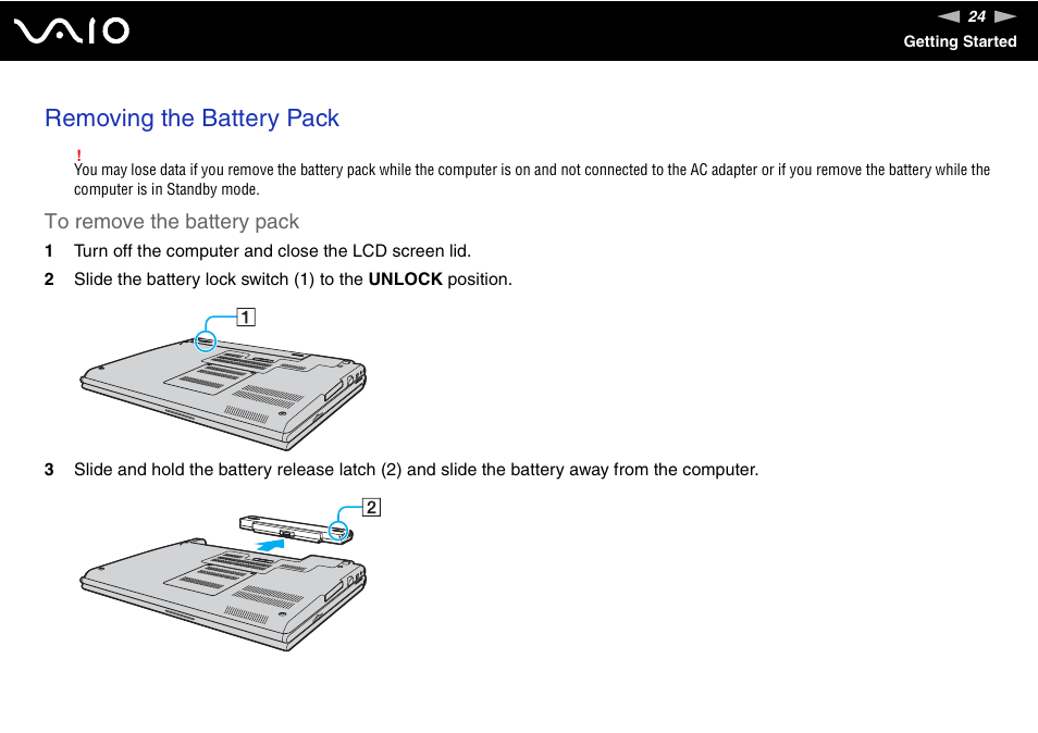 Removing the battery pack | Sony VGN-SZ200 User Manual | Page 24 / 224