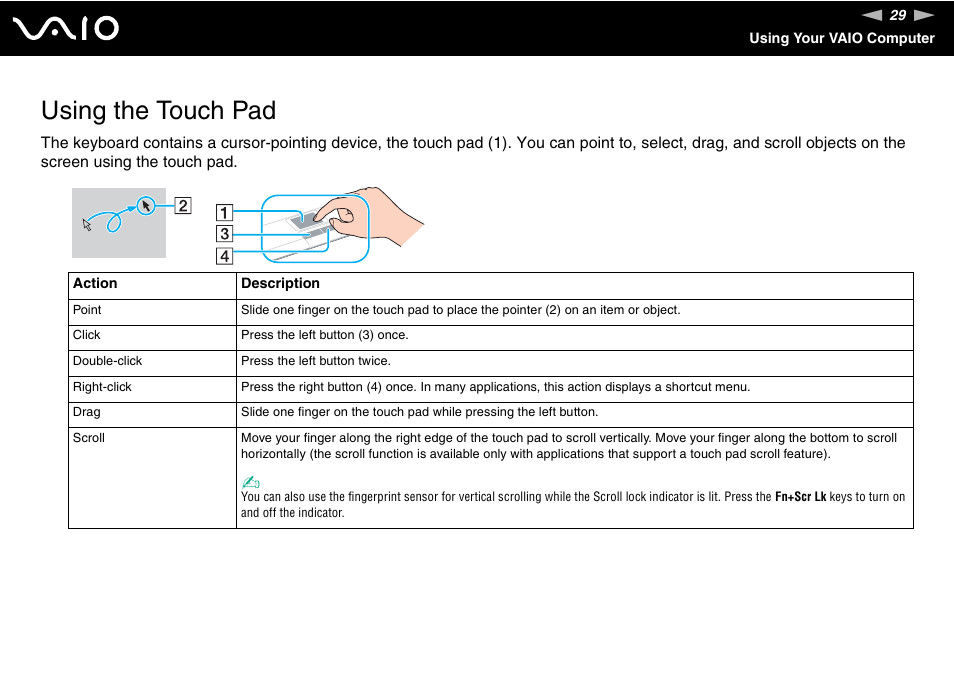 Using the touch pad | Sony VGN-SZ200 User Manual | Page 29 / 224