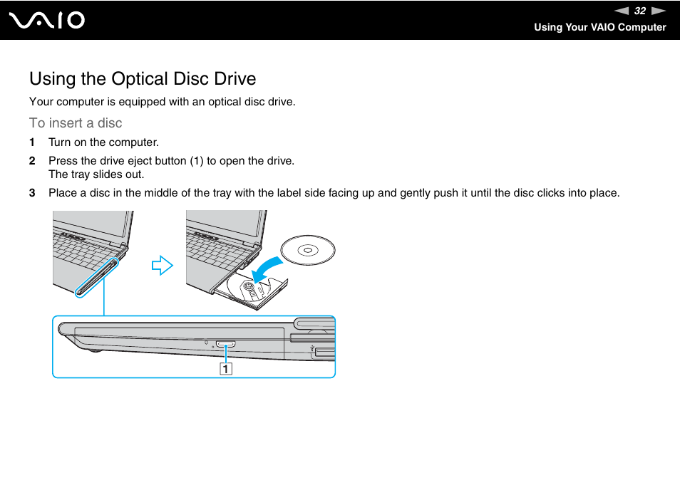 Using the optical disc drive | Sony VGN-SZ200 User Manual | Page 32 / 224