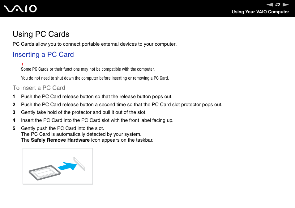 Using pc cards, Inserting a pc card | Sony VGN-SZ200 User Manual | Page 42 / 224