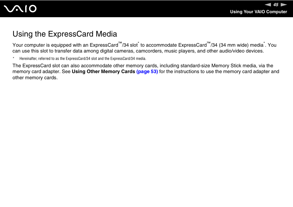 Using the expresscard media | Sony VGN-SZ200 User Manual | Page 45 / 224