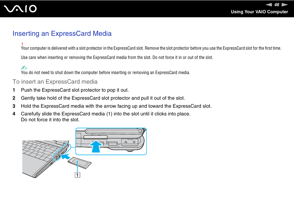 Inserting an expresscard media | Sony VGN-SZ200 User Manual | Page 46 / 224