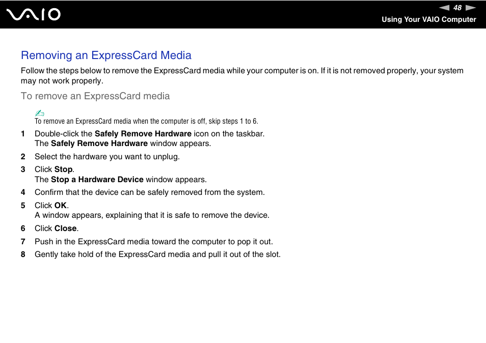 Removing an expresscard media | Sony VGN-SZ200 User Manual | Page 48 / 224