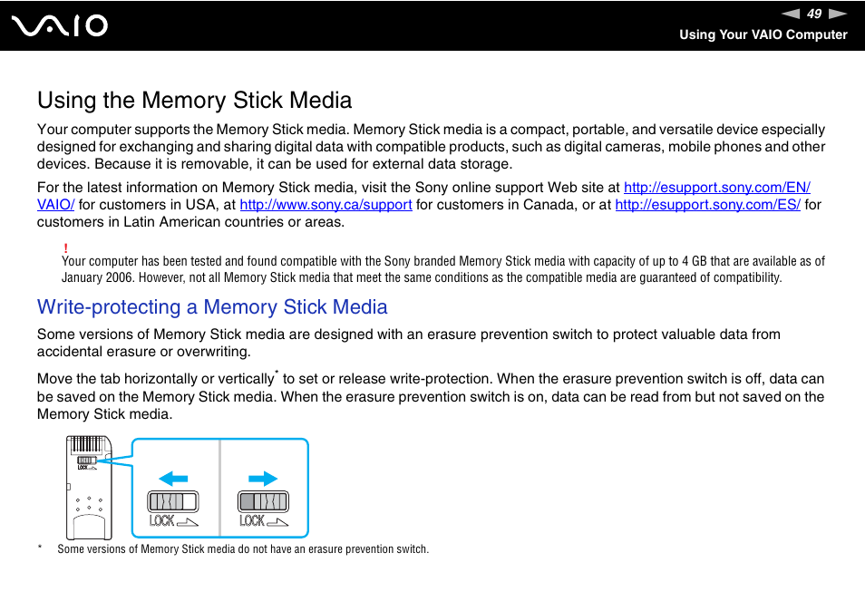 Using the memory stick media | Sony VGN-SZ200 User Manual | Page 49 / 224