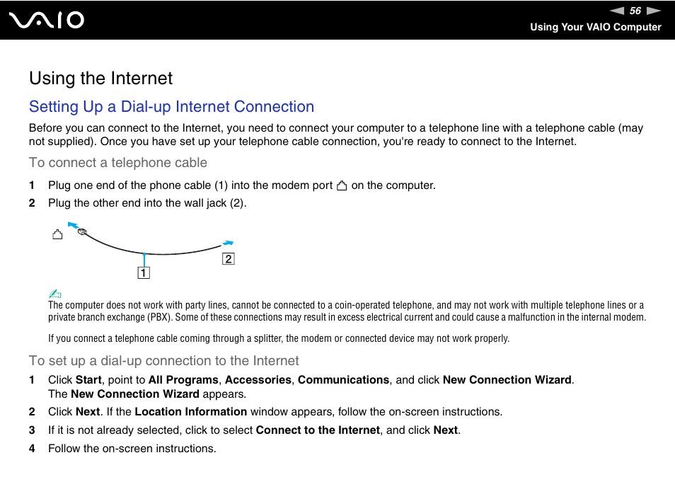 Using the internet, Setting up a dial-up internet connection | Sony VGN-SZ200 User Manual | Page 56 / 224