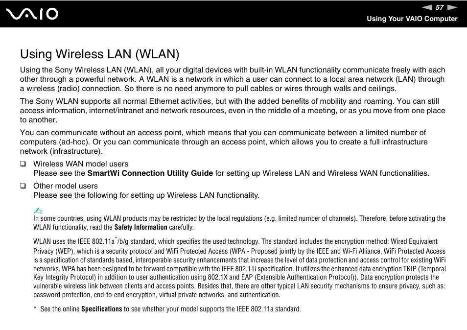 Using wireless lan (wlan) | Sony VGN-SZ200 User Manual | Page 57 / 224