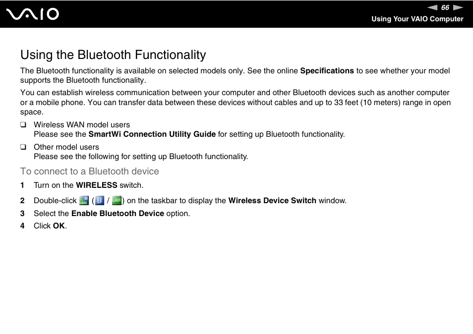 Using the bluetooth functionality | Sony VGN-SZ200 User Manual | Page 66 / 224