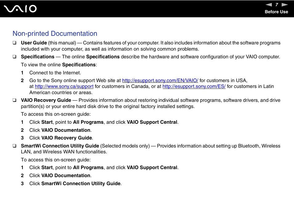 Non-printed documentation | Sony VGN-SZ200 User Manual | Page 7 / 224