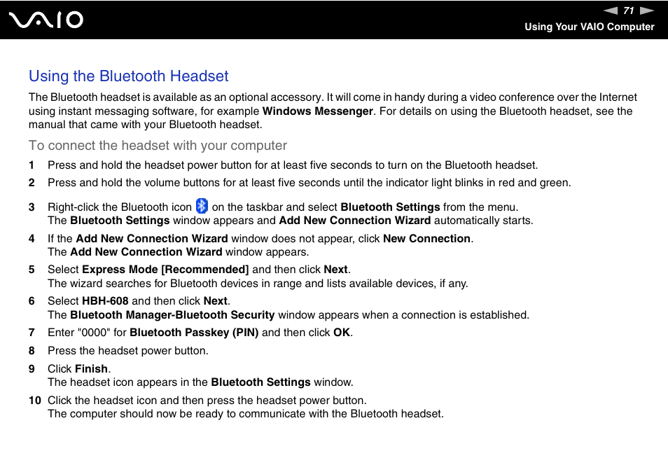 Using the bluetooth headset | Sony VGN-SZ200 User Manual | Page 71 / 224