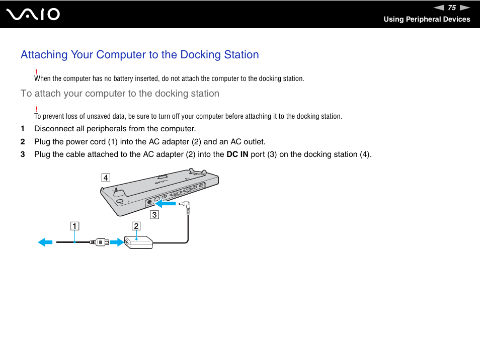 Attaching your computer to the docking station | Sony VGN-SZ200 User Manual | Page 75 / 224