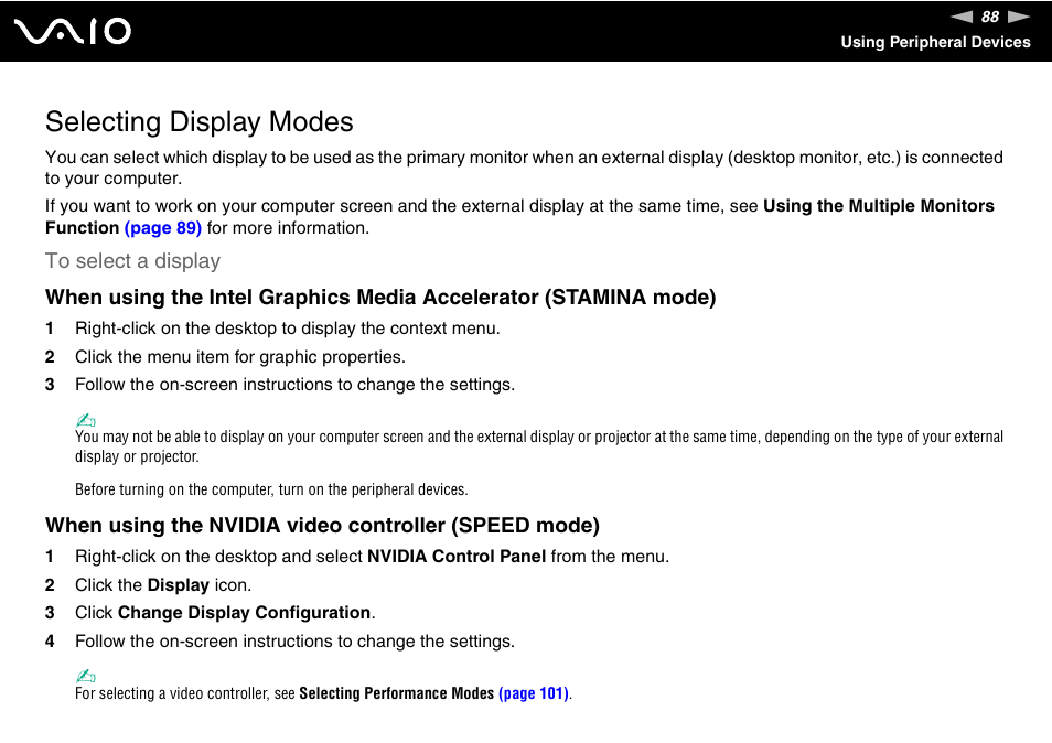 Selecting display modes | Sony VGN-SZ200 User Manual | Page 88 / 224