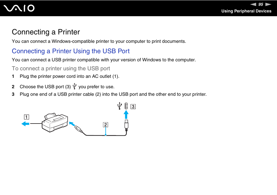 Connecting a printer, Connecting a printer using the usb port | Sony VGN-SZ200 User Manual | Page 95 / 224