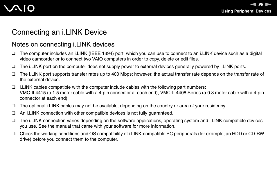 Connecting an i.link device | Sony VGN-SZ200 User Manual | Page 96 / 224