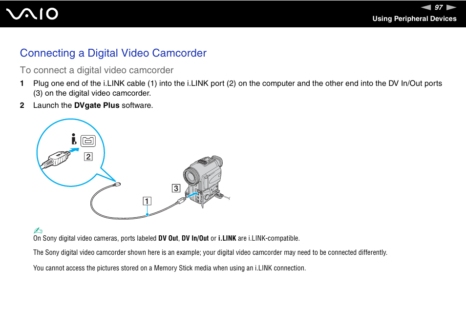 Connecting a digital video camcorder | Sony VGN-SZ200 User Manual | Page 97 / 224