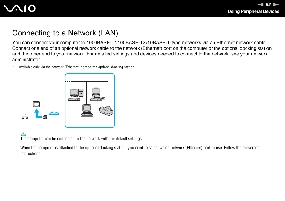 Connecting to a network (lan) | Sony VGN-SZ200 User Manual | Page 98 / 224