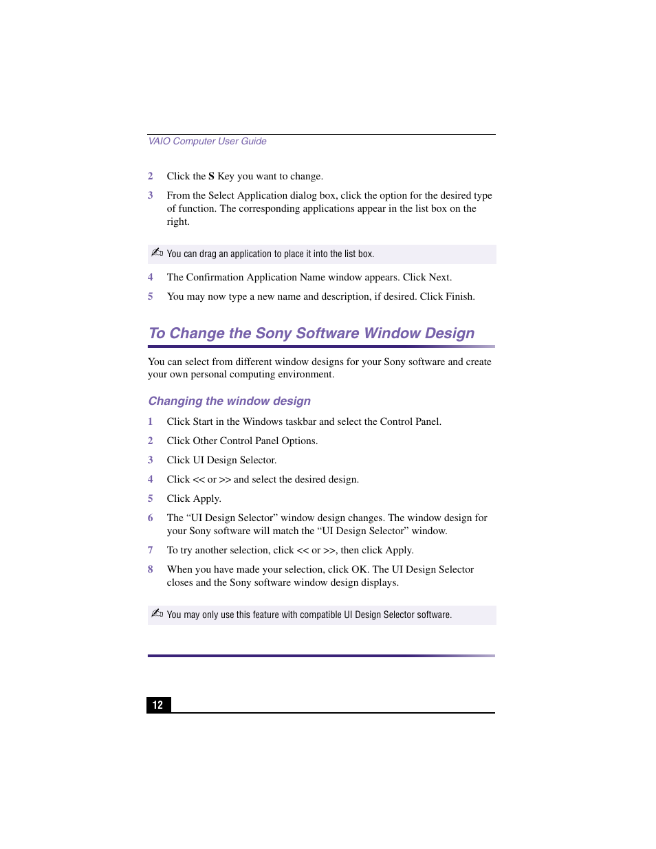 To change the sony software window design, Changing the window design | Sony PCV-RX570 User Manual | Page 12 / 28