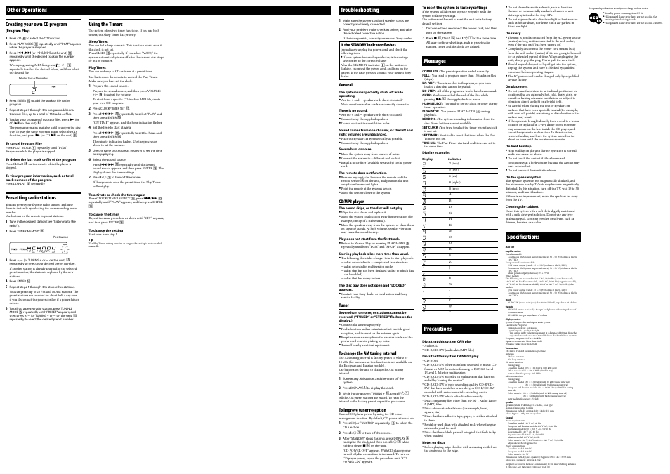 Other operations, Troubleshooting, Messages | Precautions, Specifications | Sony CMT-GS10 User Manual | Page 2 / 2