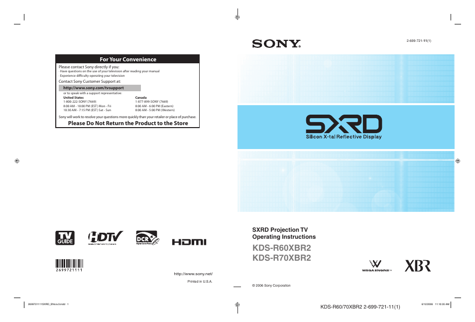 Sony GRAND WEGA KDS-R70XBR2 User Manual | 83 pages