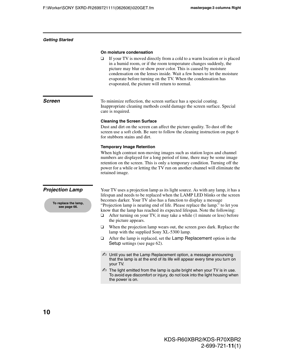 Screen, Projection lamp, Screen projection lamp | Sony GRAND WEGA KDS-R70XBR2 User Manual | Page 10 / 83