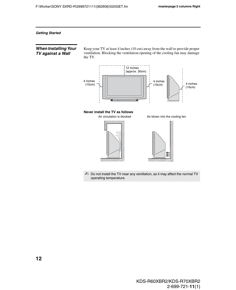 When installing your tv against a wall | Sony GRAND WEGA KDS-R70XBR2 User Manual | Page 12 / 83