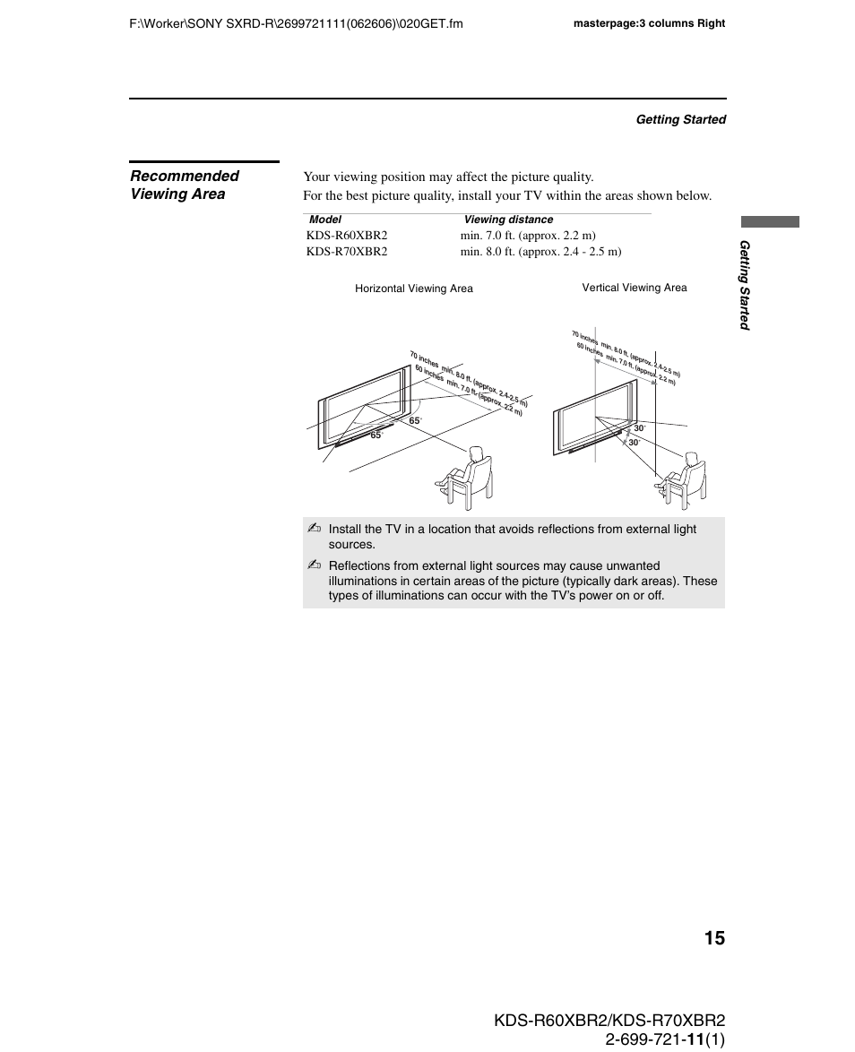 Recommended viewing area | Sony GRAND WEGA KDS-R70XBR2 User Manual | Page 15 / 83