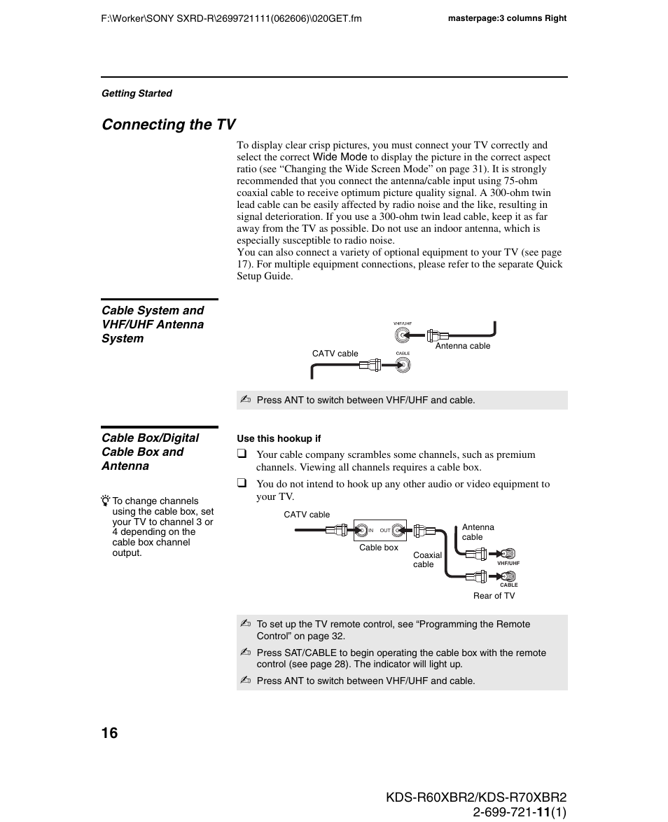 Connecting the tv, Cable system and vhf/uhf antenna system, Cable box/digital cable box and antenna | Sony GRAND WEGA KDS-R70XBR2 User Manual | Page 16 / 83