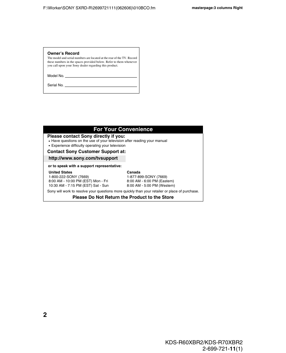 For your convenience | Sony GRAND WEGA KDS-R70XBR2 User Manual | Page 2 / 83