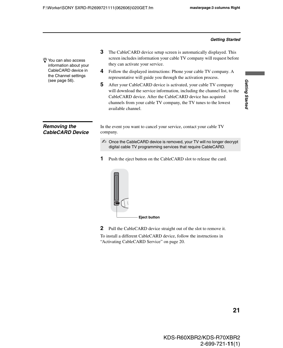 Removing the cablecard device | Sony GRAND WEGA KDS-R70XBR2 User Manual | Page 21 / 83