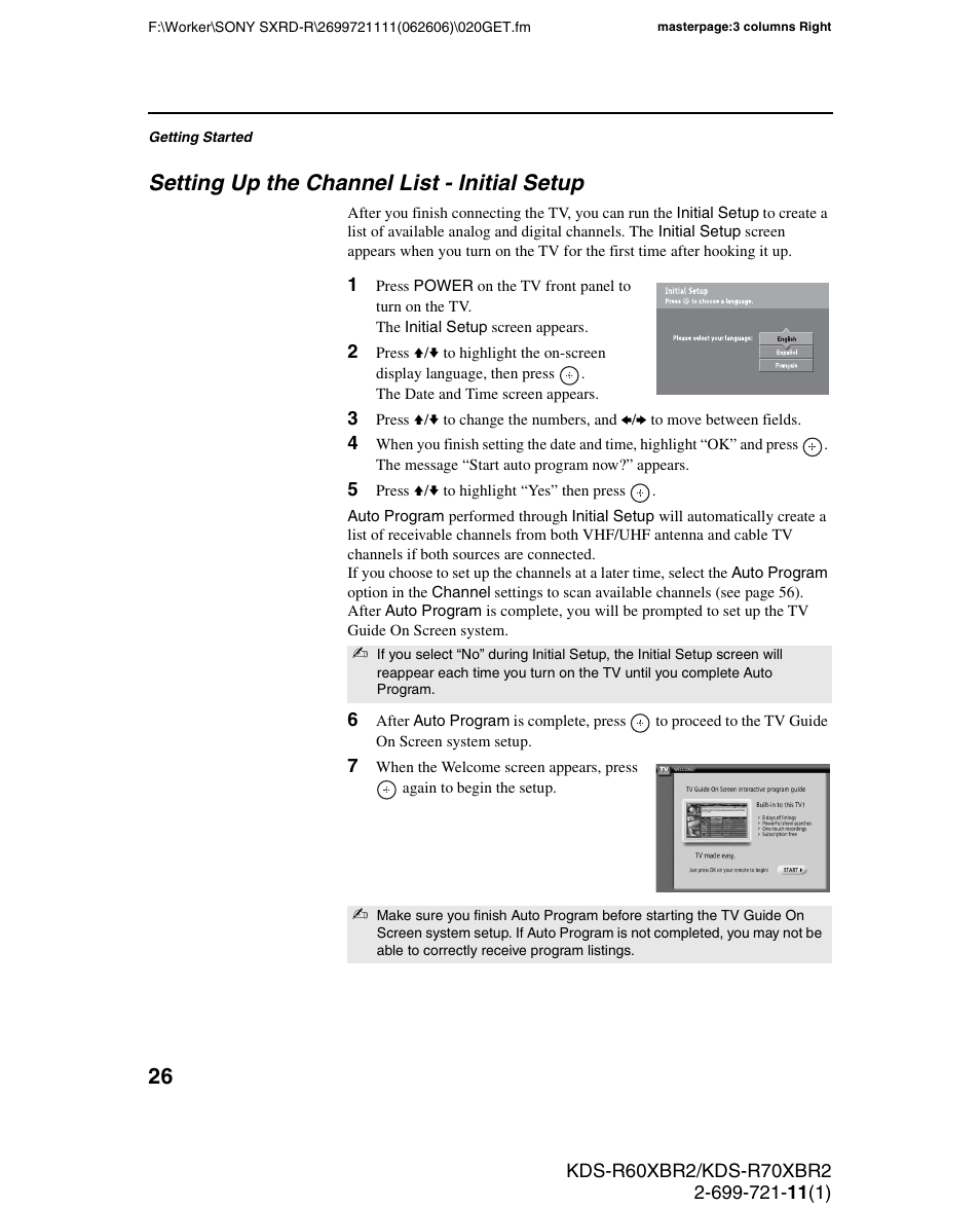 Setting up the channel list - initial setup | Sony GRAND WEGA KDS-R70XBR2 User Manual | Page 26 / 83