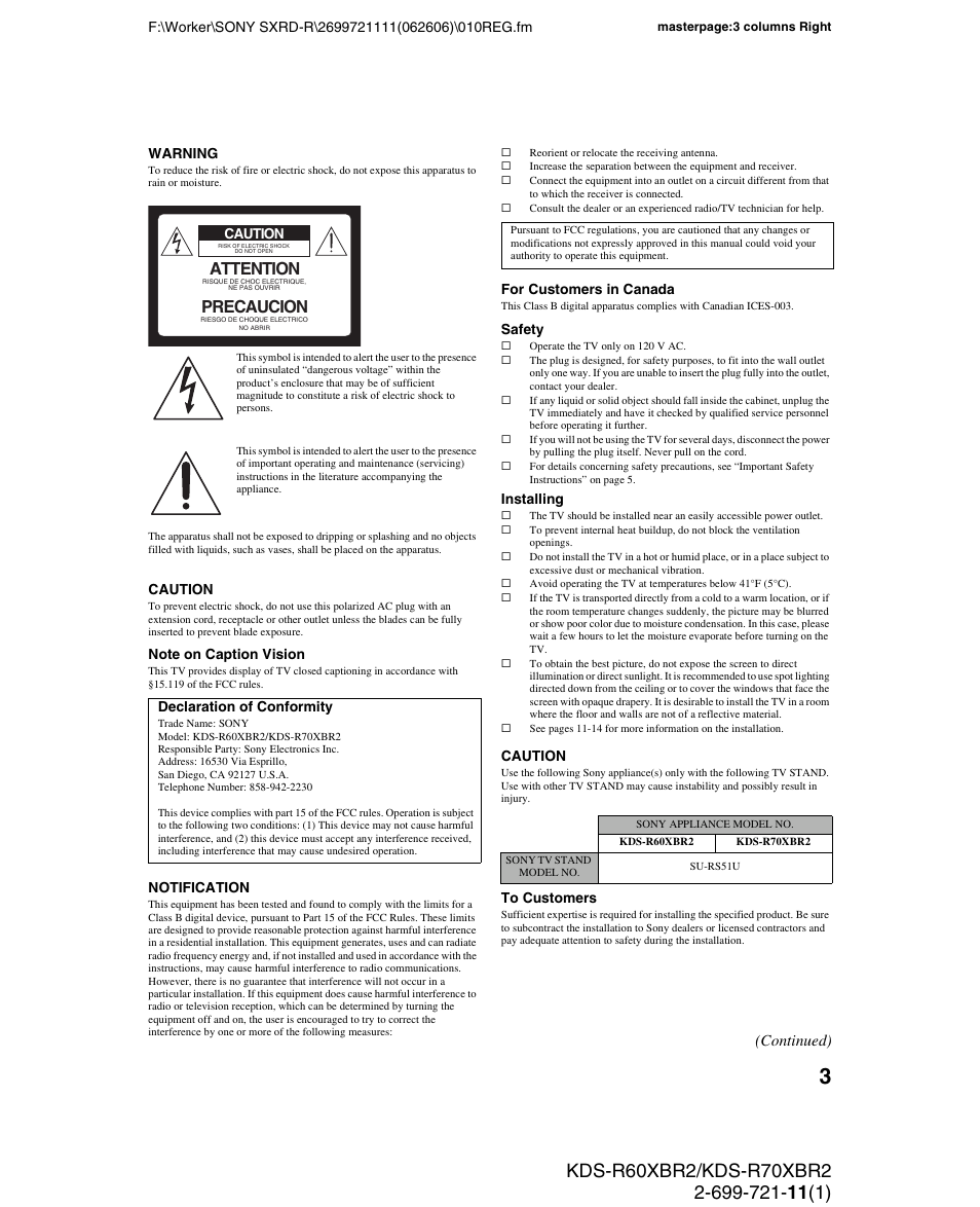 Attention, Precaucion, Continued) | Sony GRAND WEGA KDS-R70XBR2 User Manual | Page 3 / 83