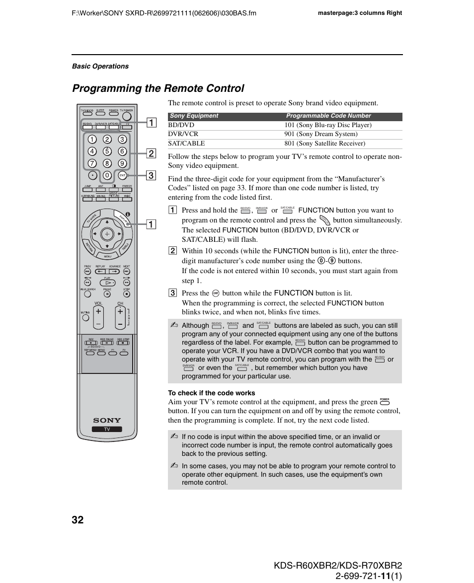 Programming the remote control | Sony GRAND WEGA KDS-R70XBR2 User Manual | Page 32 / 83