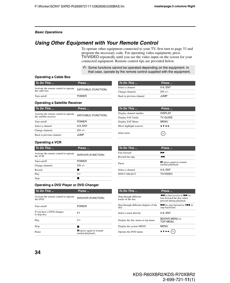 Using other equipment with your remote control | Sony GRAND WEGA KDS-R70XBR2 User Manual | Page 34 / 83