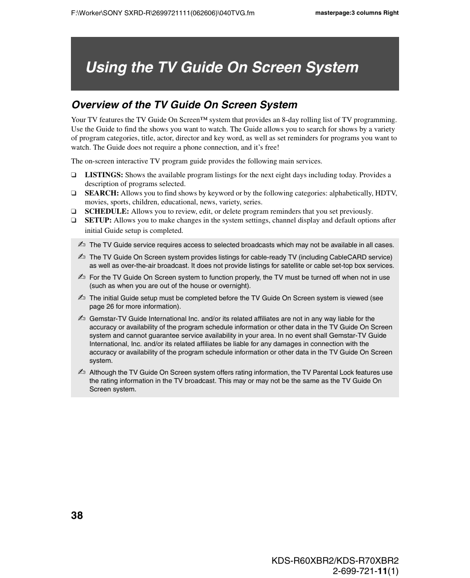 Using the tv guide on screen system, Overview of the tv guide on screen system | Sony GRAND WEGA KDS-R70XBR2 User Manual | Page 38 / 83