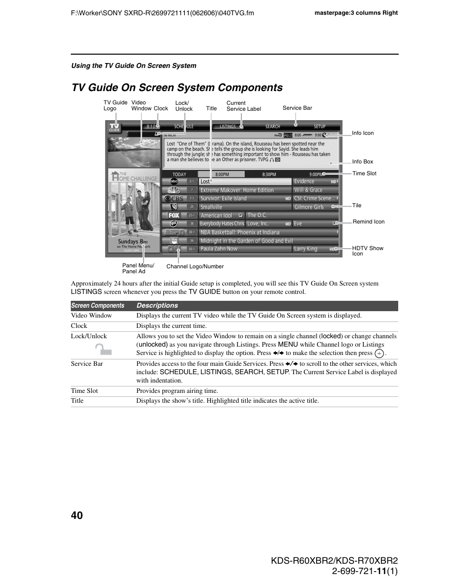 Tv guide on screen system components | Sony GRAND WEGA KDS-R70XBR2 User Manual | Page 40 / 83