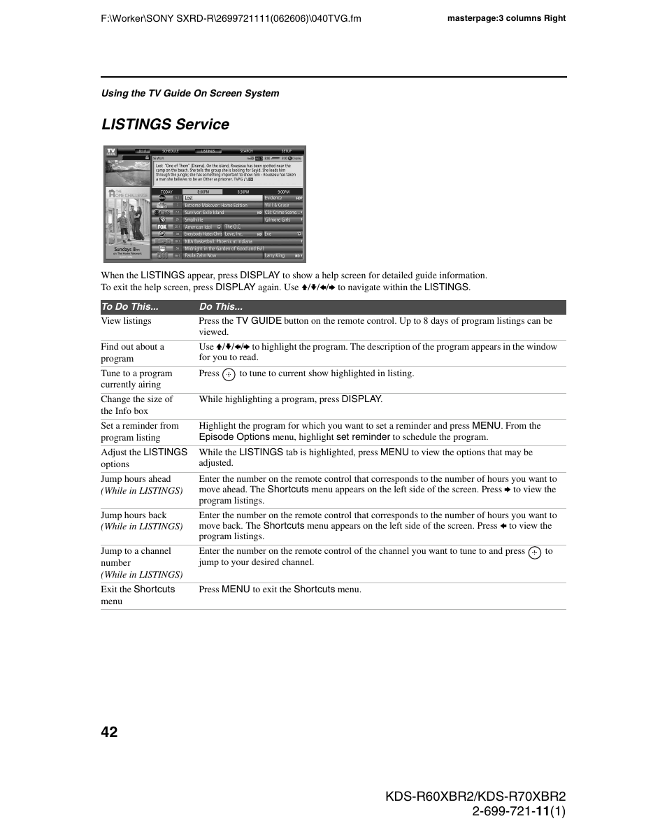 Listings service | Sony GRAND WEGA KDS-R70XBR2 User Manual | Page 42 / 83