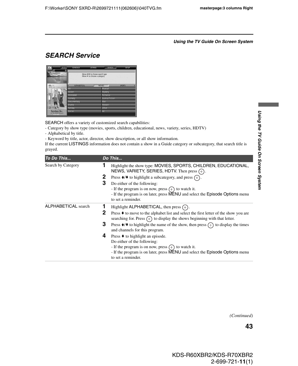 Search service | Sony GRAND WEGA KDS-R70XBR2 User Manual | Page 43 / 83