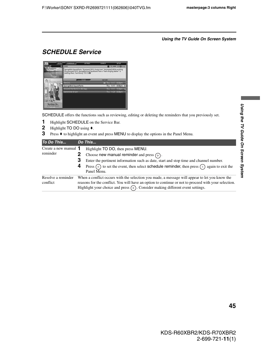 Schedule service | Sony GRAND WEGA KDS-R70XBR2 User Manual | Page 45 / 83