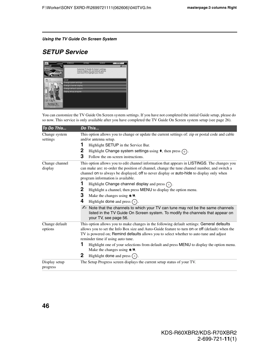 Setup service | Sony GRAND WEGA KDS-R70XBR2 User Manual | Page 46 / 83